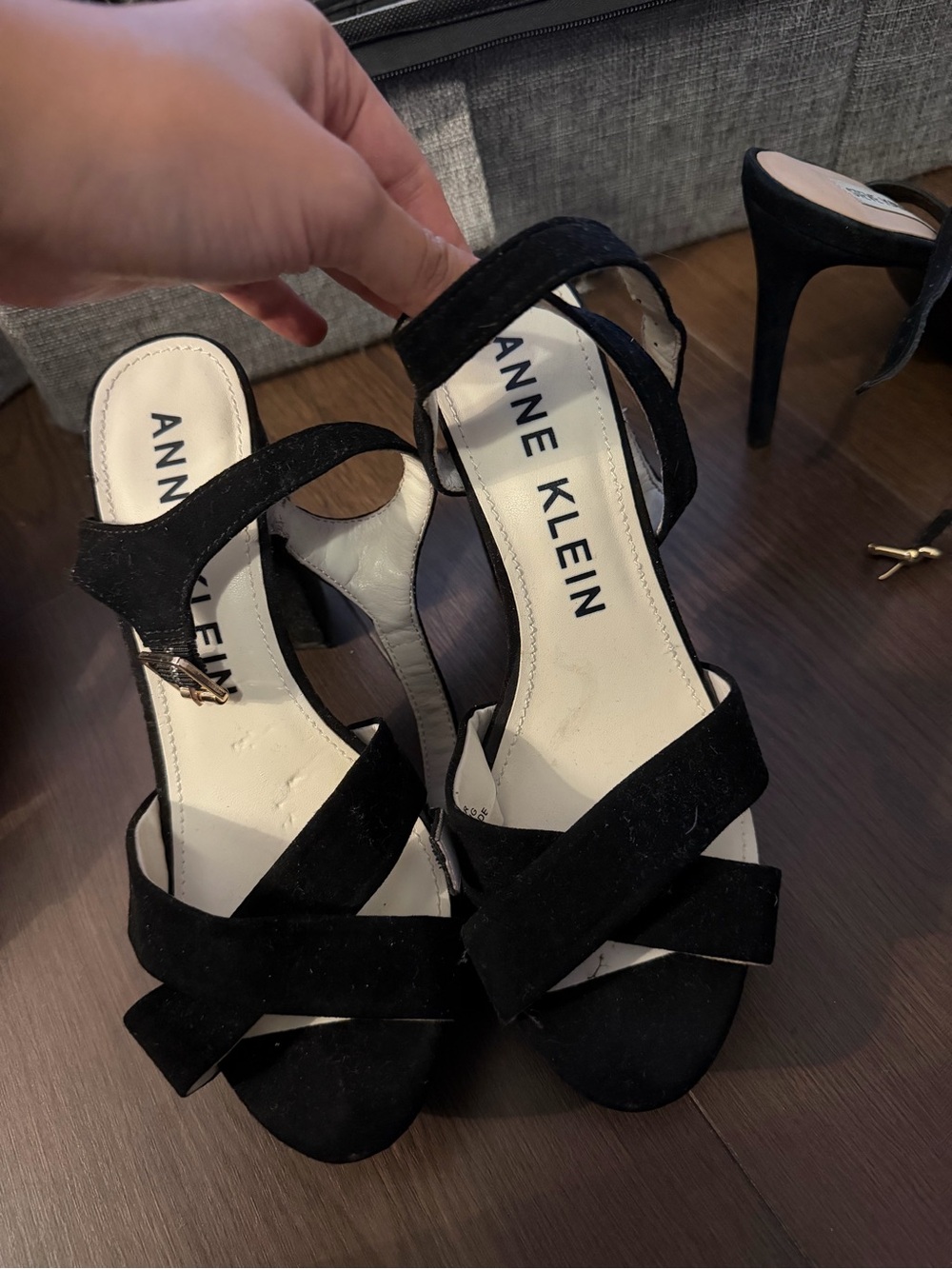 Anne Klein Black Crisscross Suede High Heel Sandals